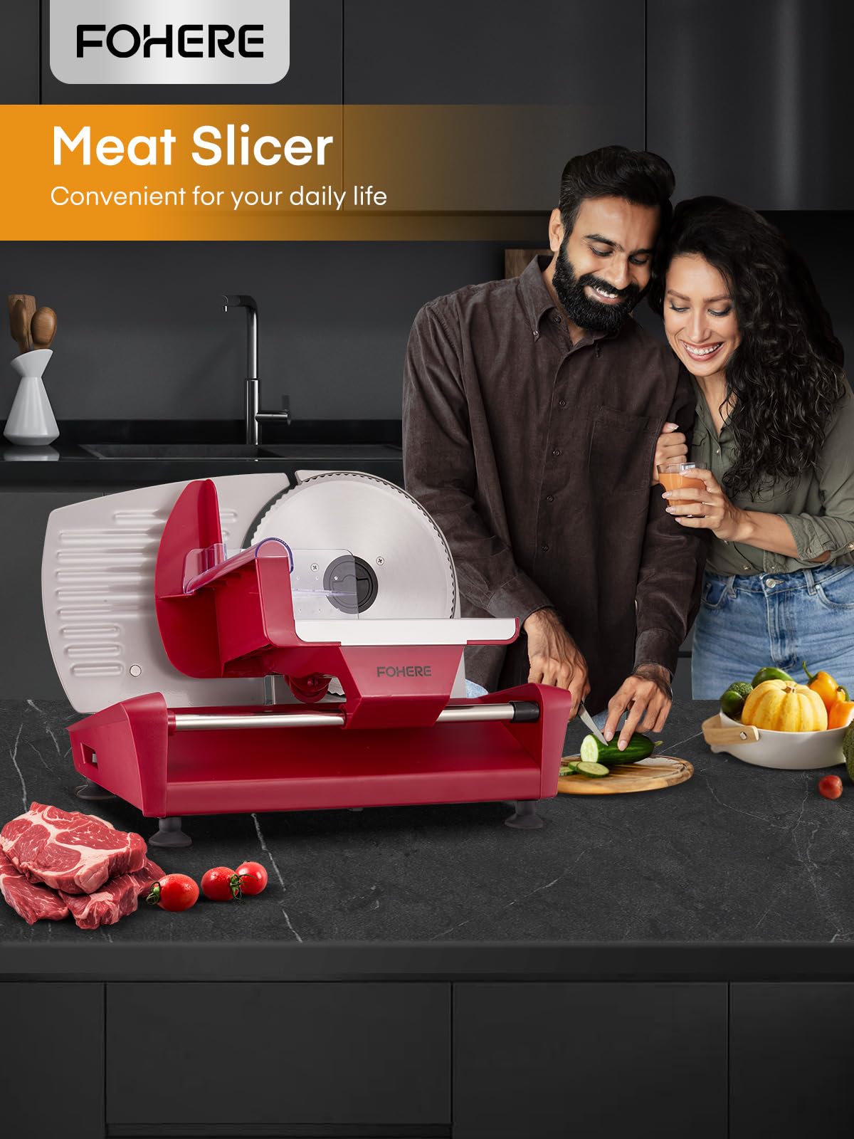 FOHERE home-use slicer enables quick slicing of meats, cheeses, breads