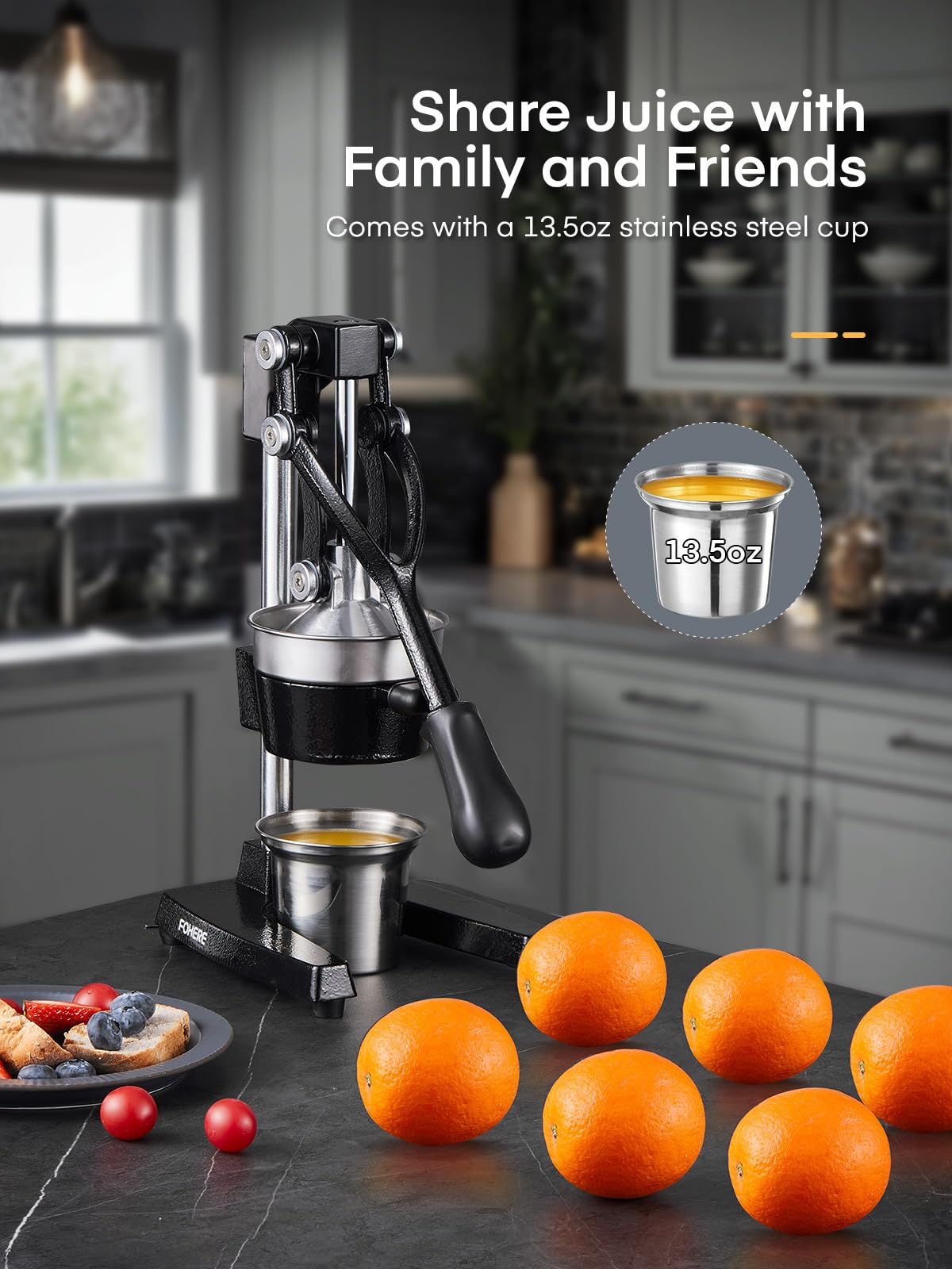 FOHERE orange juicer squeezer base with anti-slip feet keeps the device steady.
