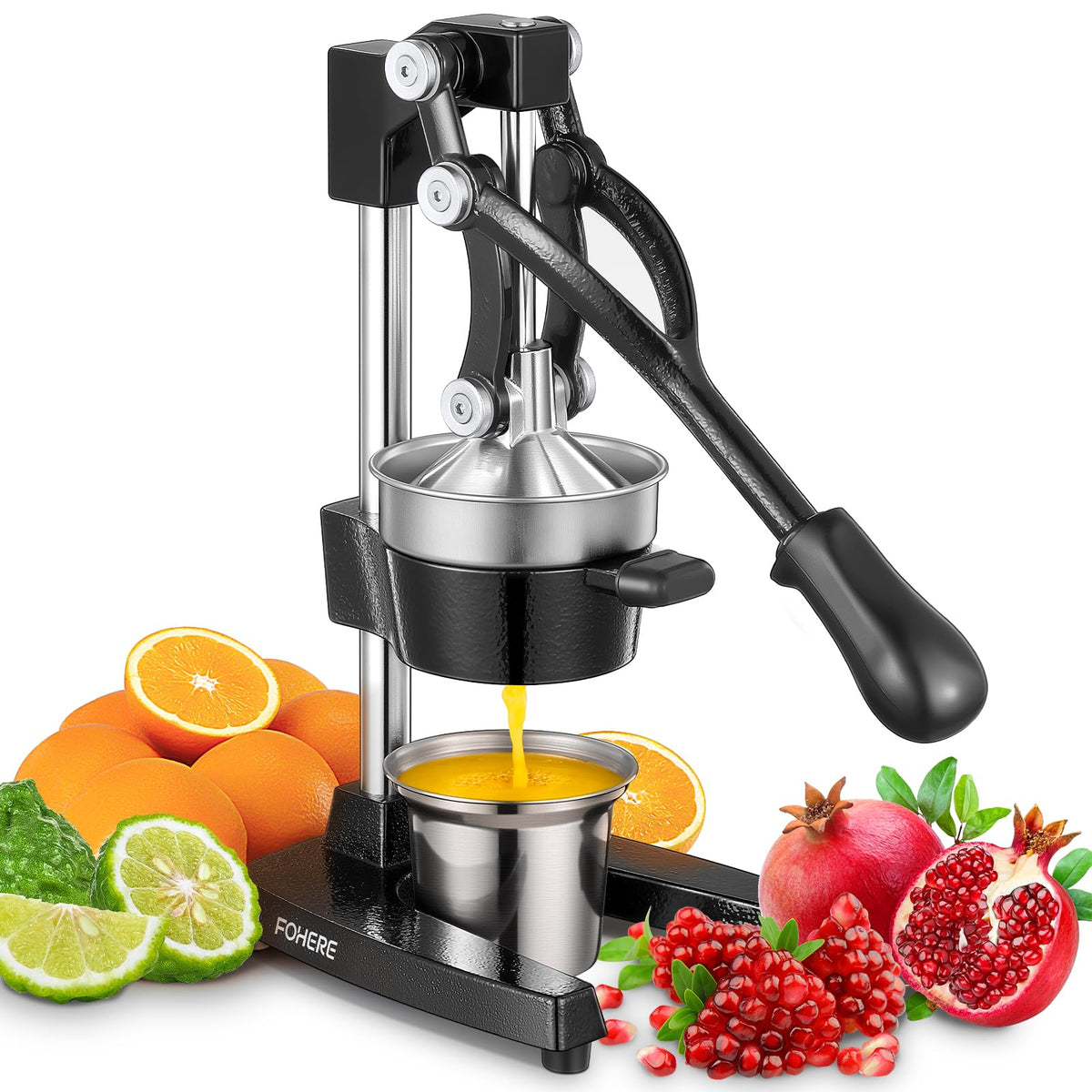FOHERE orange juicer squeezer front view shows sturdy cast iron base for durable juicing.