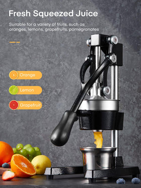 FOHERE orange juicer squeezer side view highlights anti-slip feet for stable countertop use.