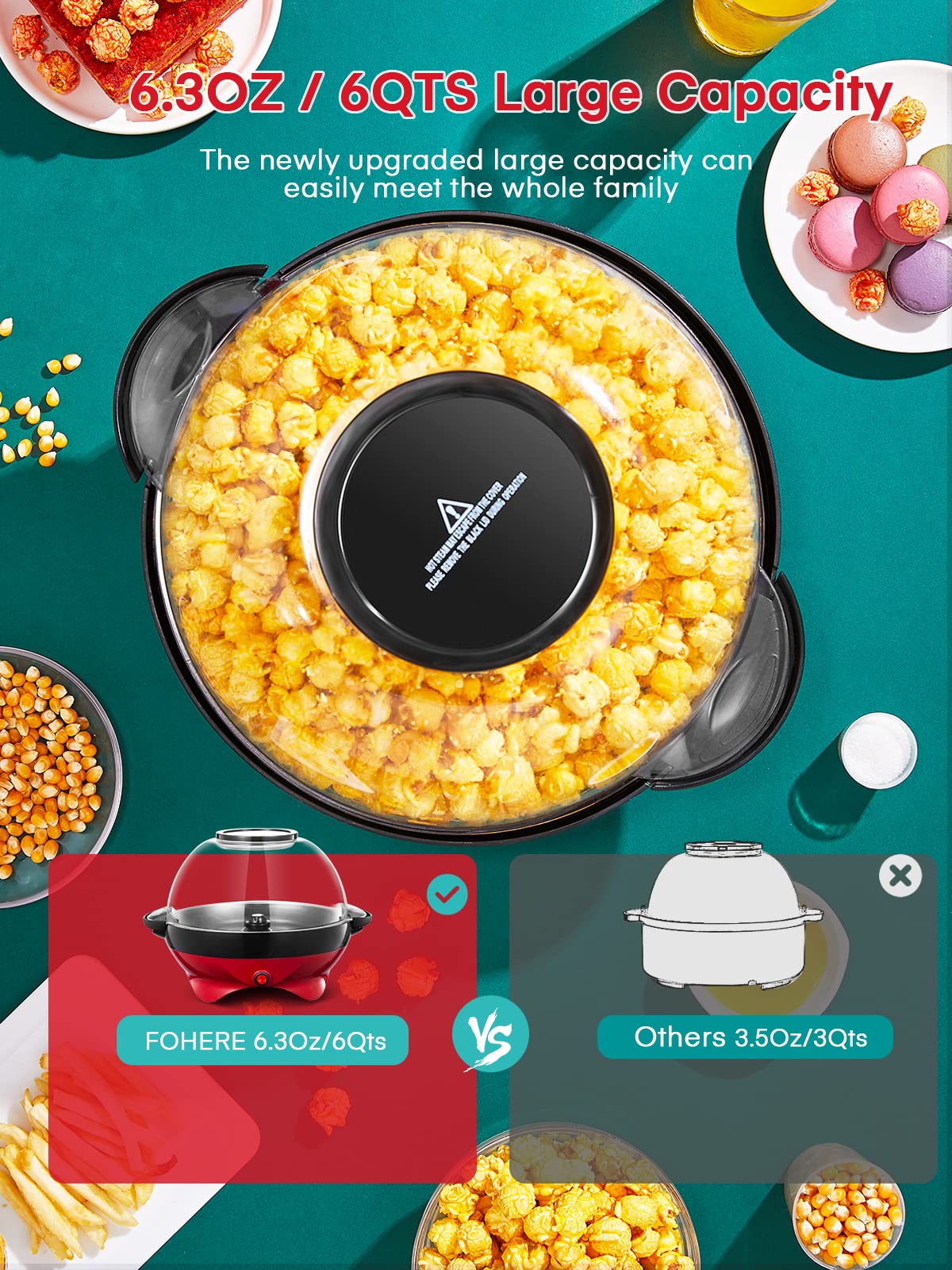 FOHERE 6qt capacity bowl perfect for family movie nights and gatherings