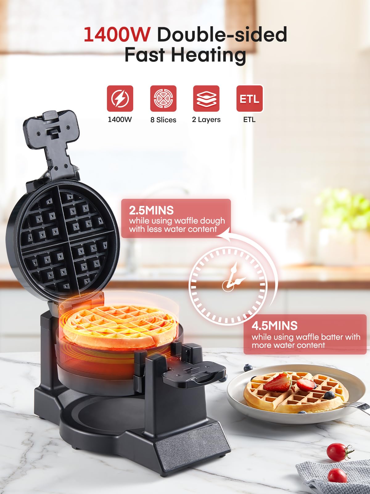 FOHERE waffle maker bakes two seven-inch waffles side by side for quick breakfasts.