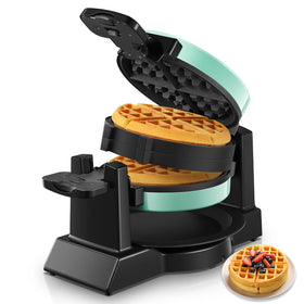 FOHERE waffle maker front view in mint blue offers compact storage and stylish kitchen appeal.