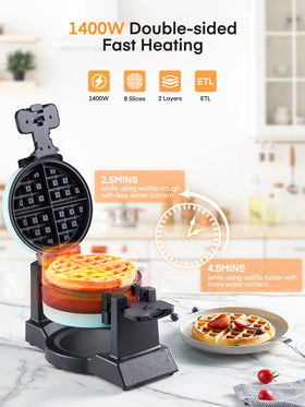 FOHERE waffle maker top view highlights dual heating for even browning.