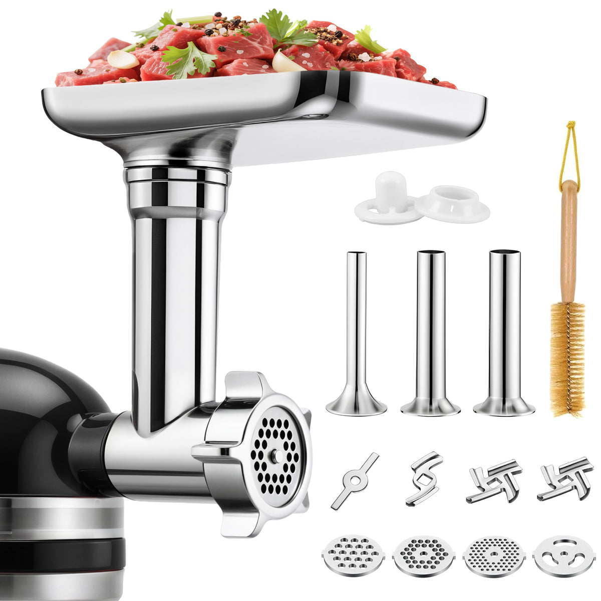 FOKIEE metal meat grinder attachment on KitchenAid showing secure fit for versatile grinding