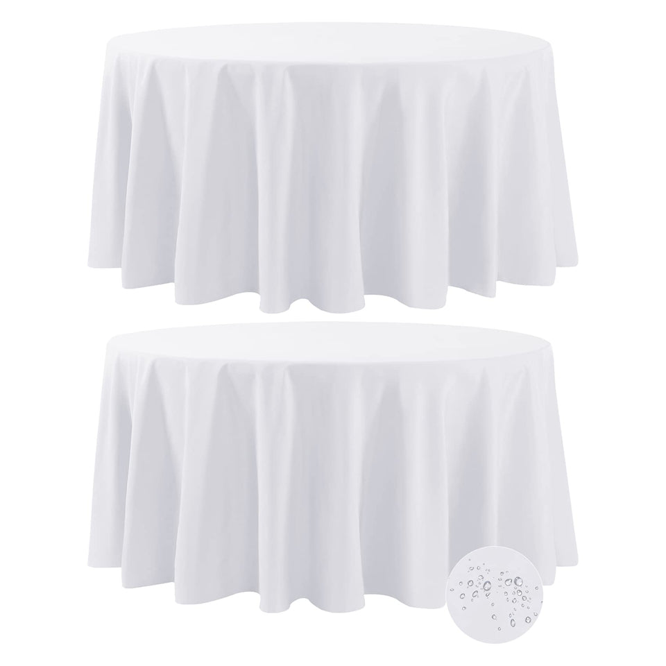 Fokitut round 108-inch white tablecloth on table for elegant dining
