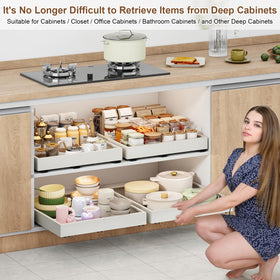 Fokyfok pantry and kitchen cabinet organizer helps access cans, pots, and small appliances.