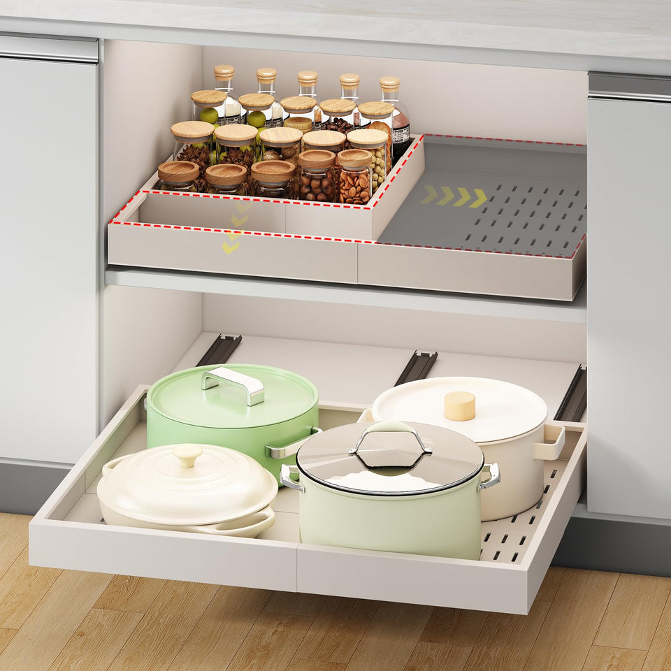 Fokyfok pull-out cabinet organizer with three rails for easy deep-cabinet access