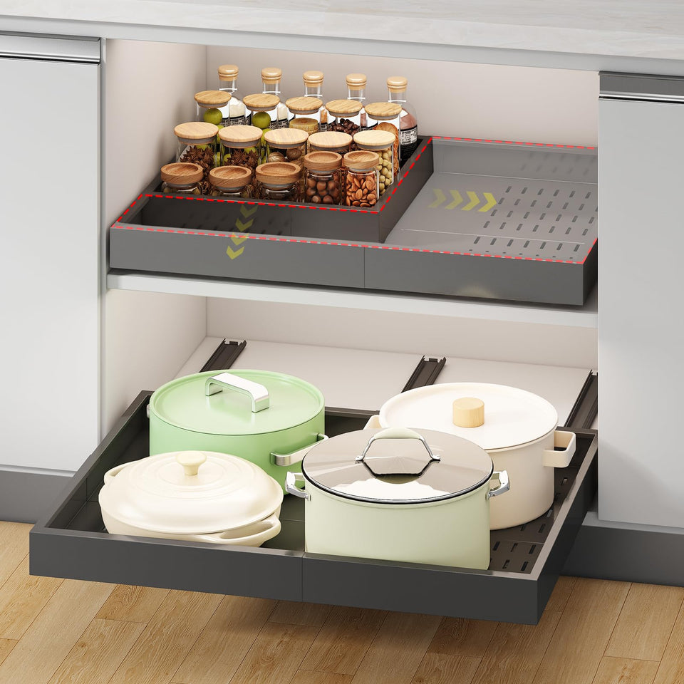 Fokyfok pull-out cabinet organizer with three rails for easy access to deep shelves.