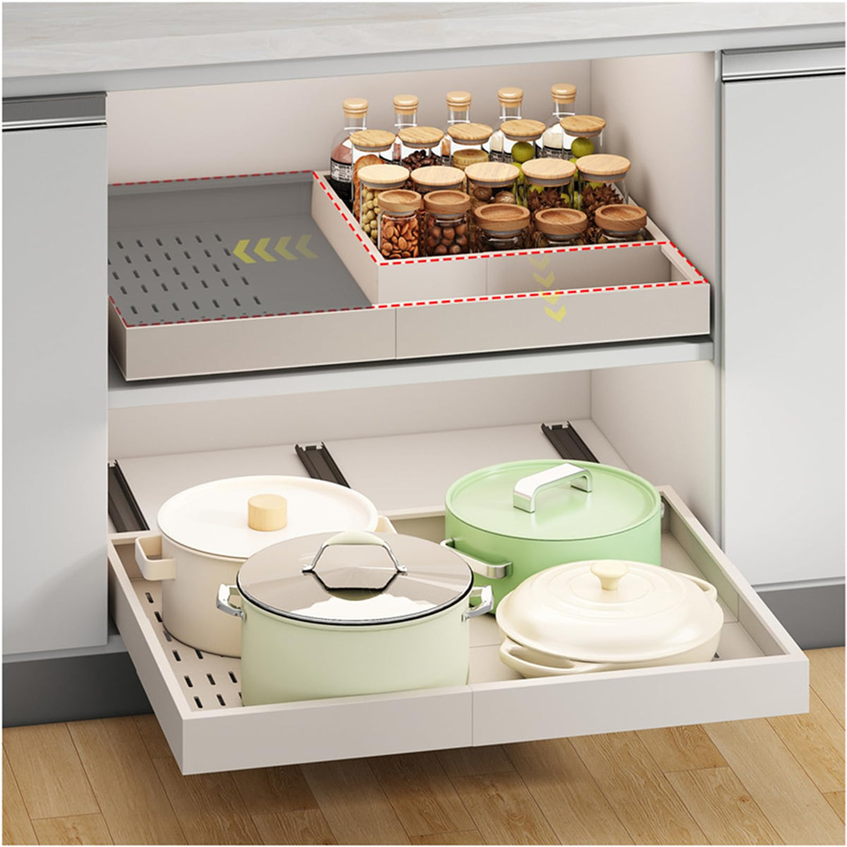 Fokyfok pull-out cabinet organizer with three rails for deep cabinet access