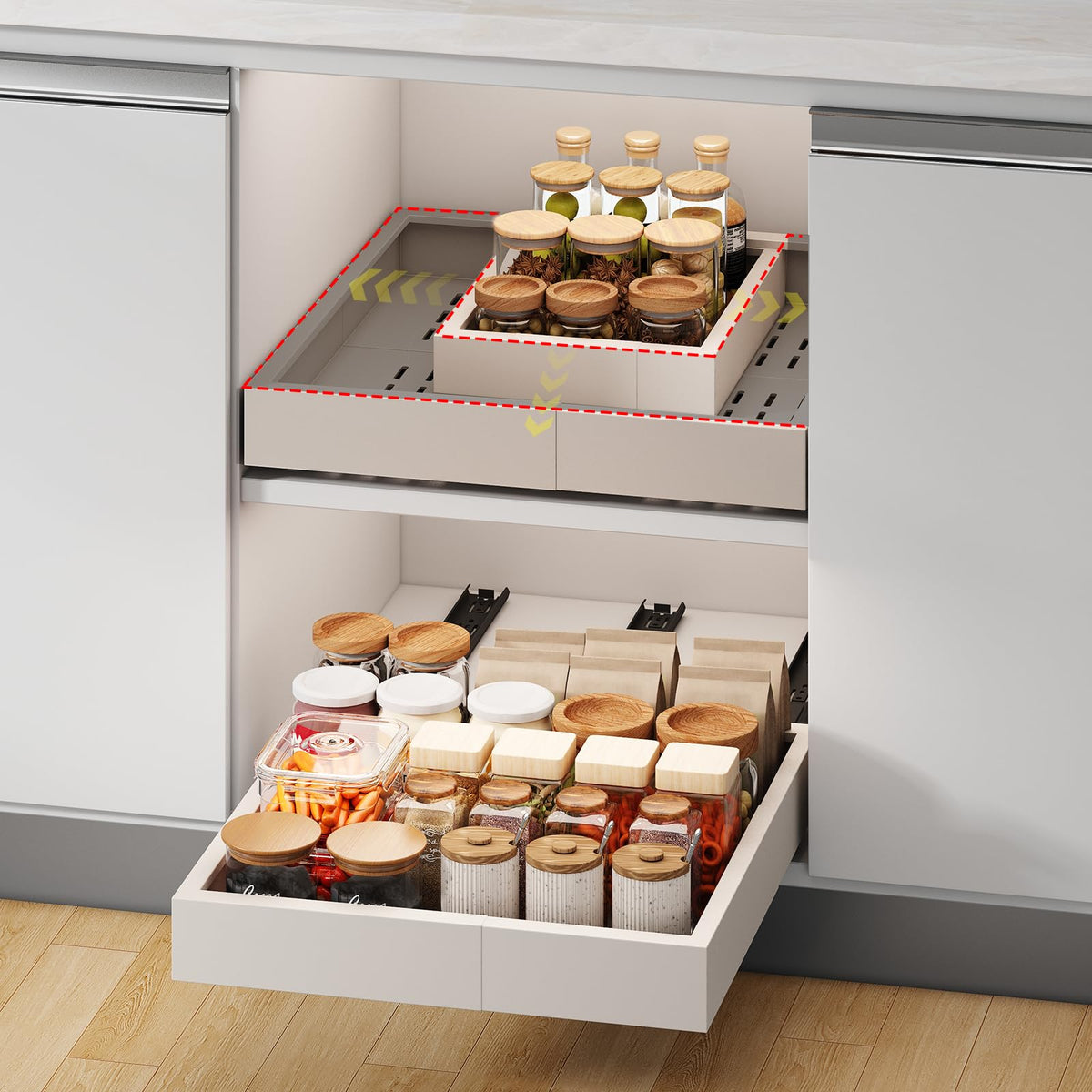 Fokyfok pull-out cabinet organizer with extendable rails for easy deep-cabinet access.