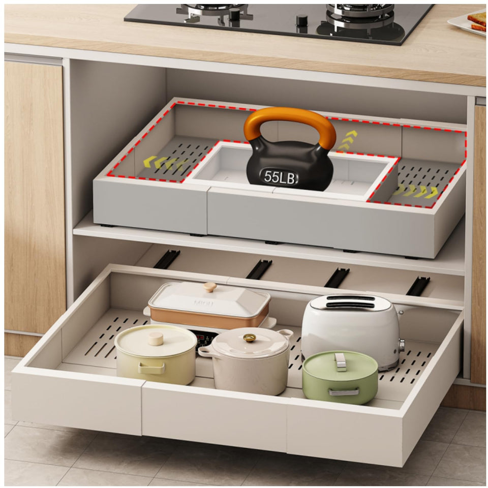 Fokyfok pull-out cabinet organizer with extendable rails for extra kitchen storage.