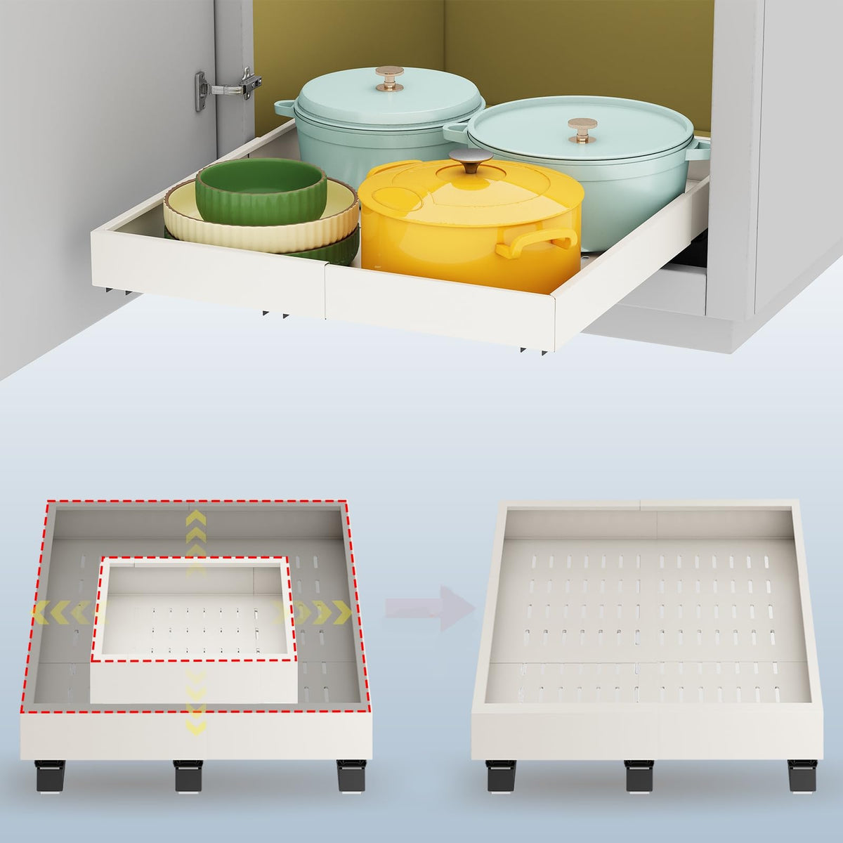 Fokyfok pull-out cabinet organizer with extended width demonstrates easy reach for deep cabinets.