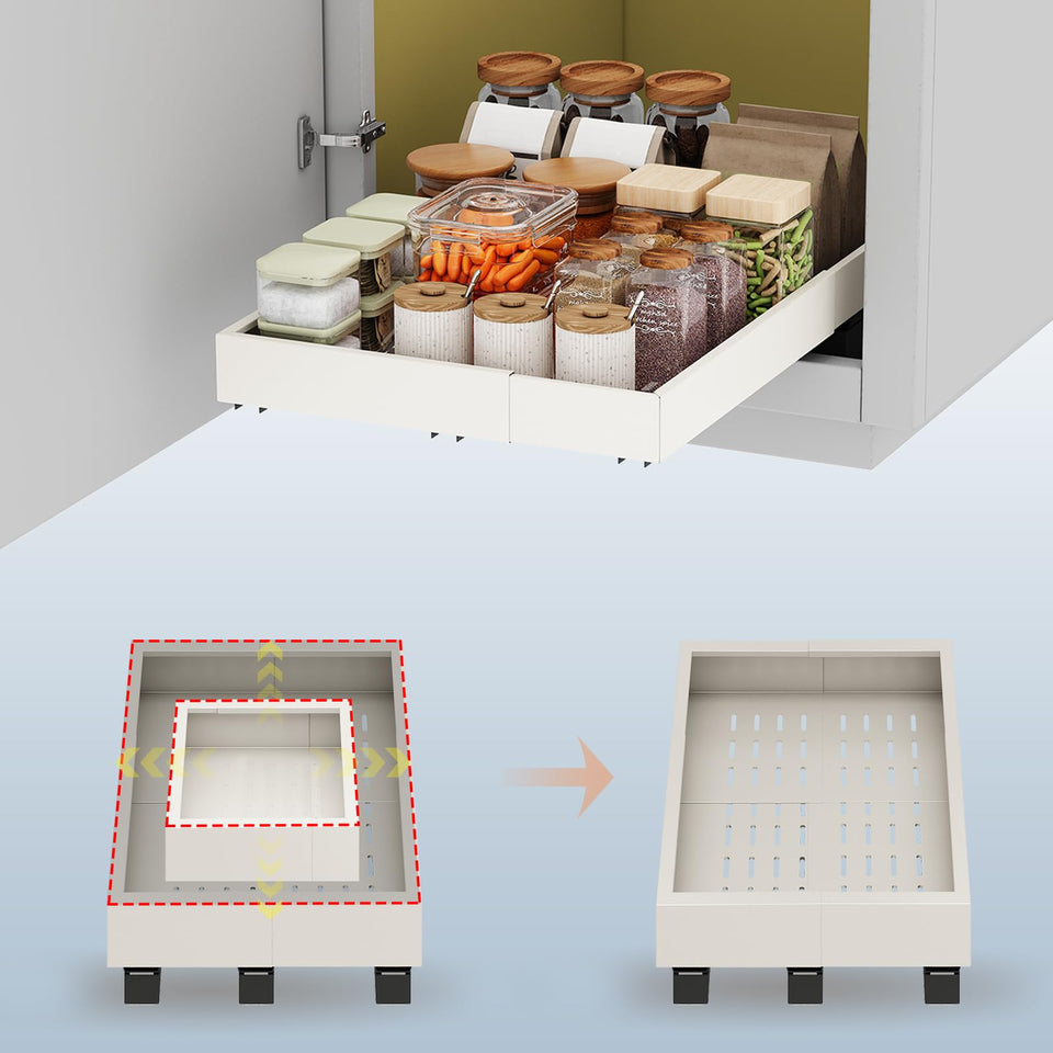 Fokyfok pull-out cabinet organizer extends reach for deep shelves, improving access.