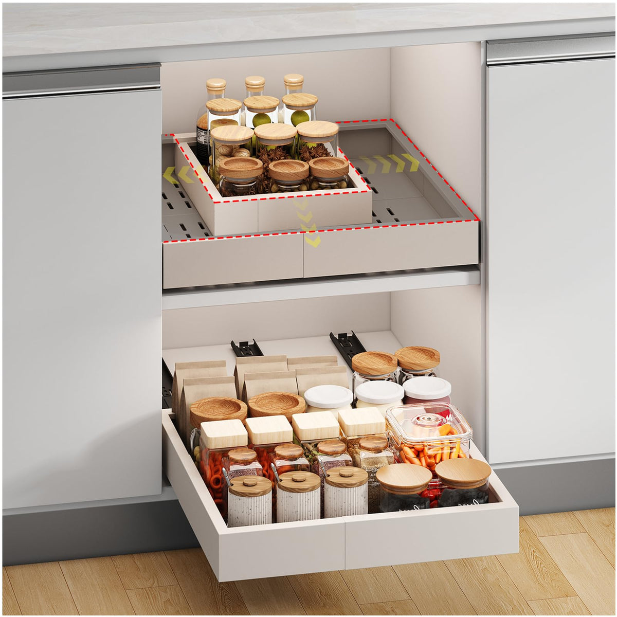Fokyfok pull-out cabinet organizer front view showing easy access and slim profile.