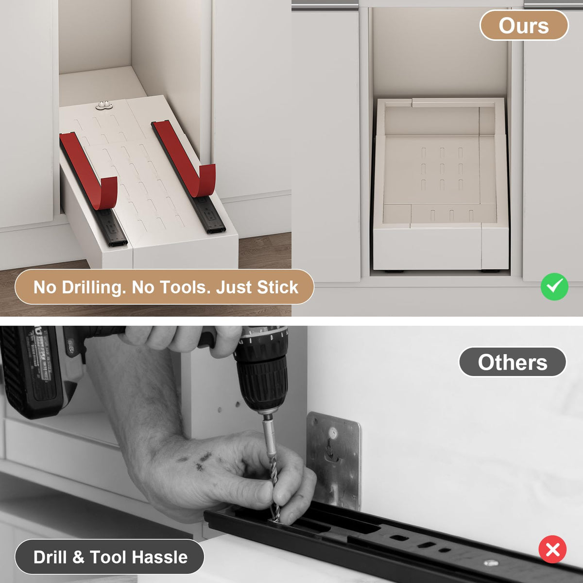 Fokyfok pull-out cabinet organizer lip and lip-free compatibility for flexible setup