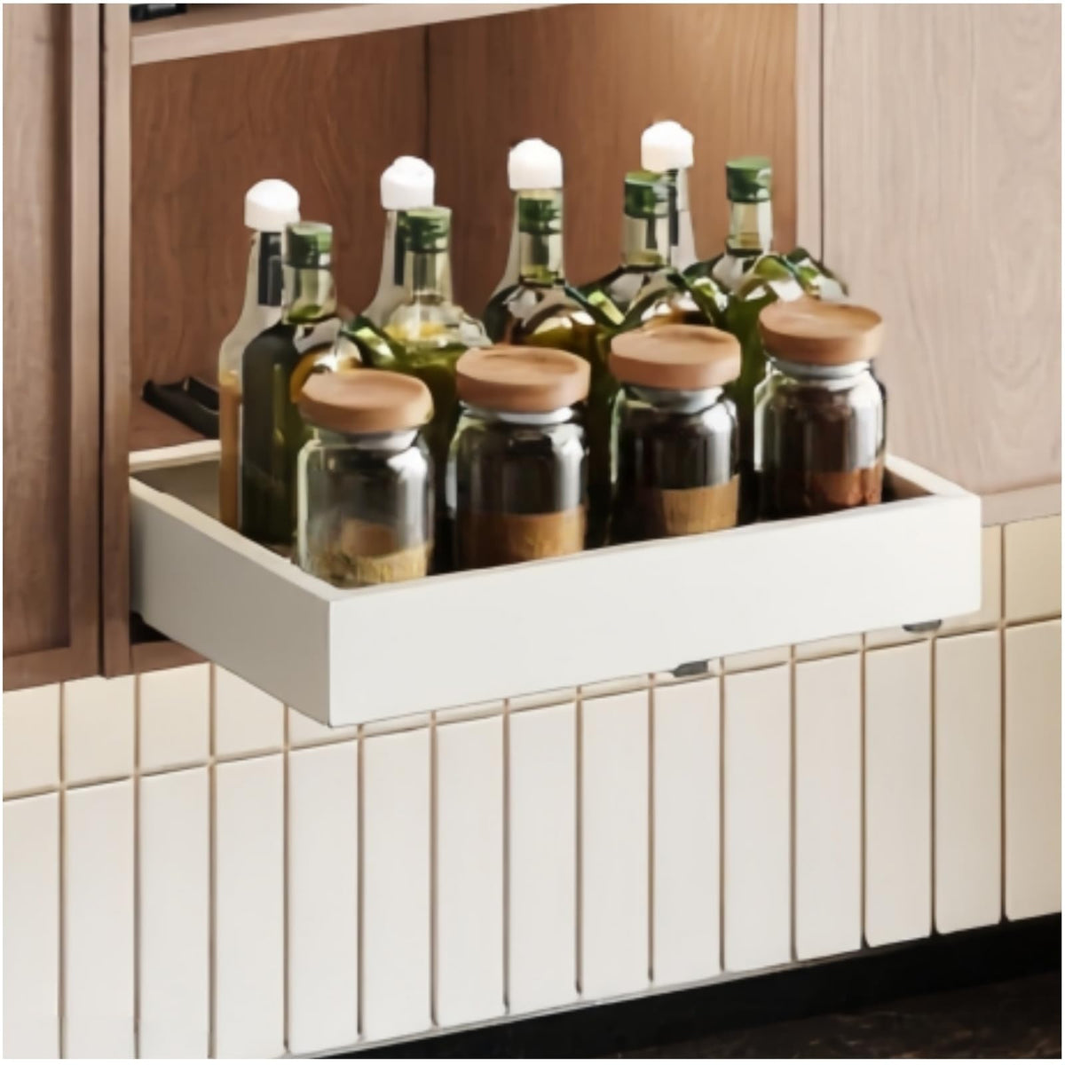 Fokyfok pull-out cabinet shelf assembly for easy kitchen organization.