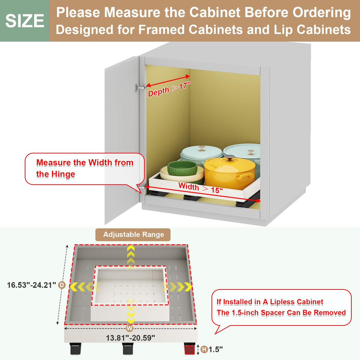 Three-rail slide-out drawer shown with cookware, highlighting smooth operation.