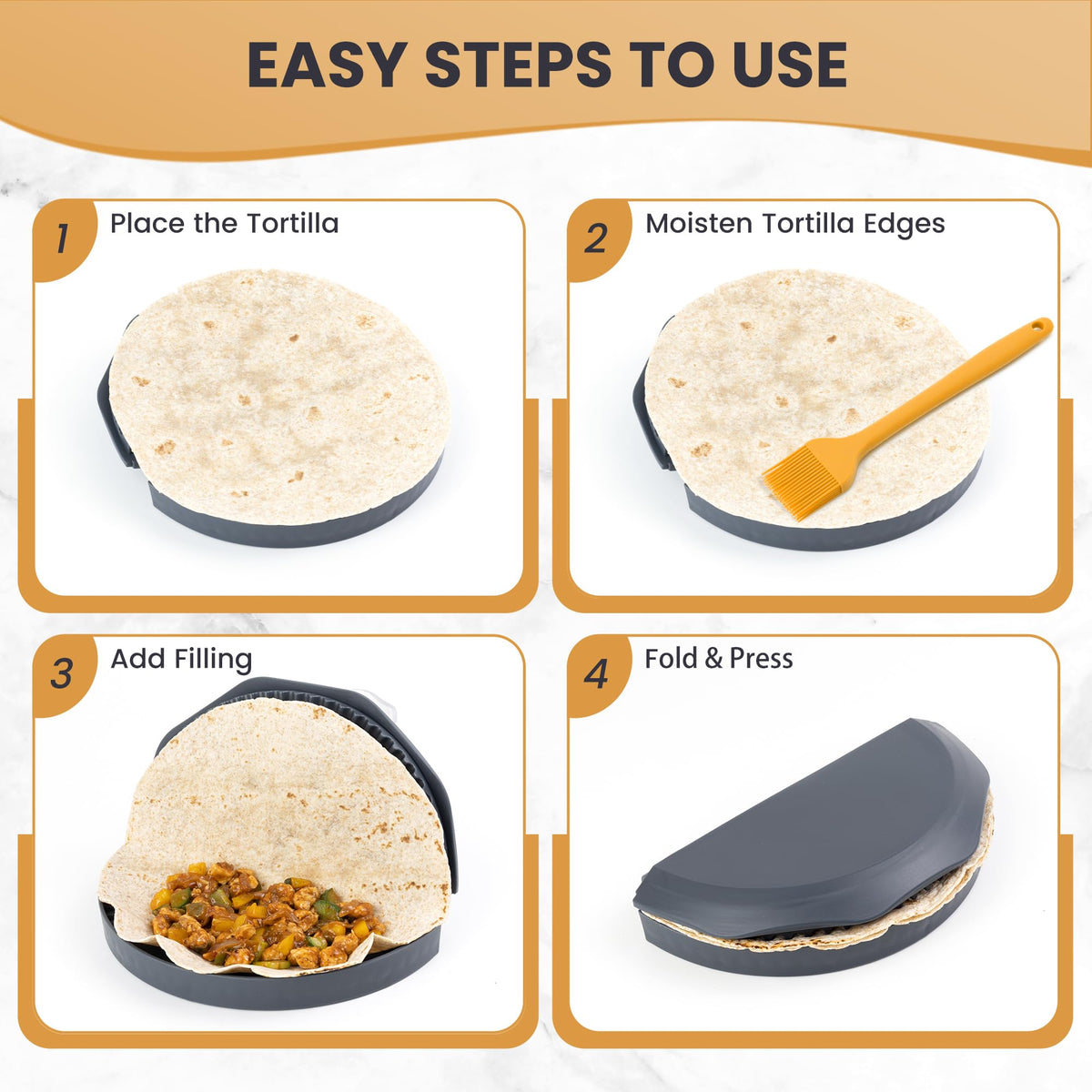 Foldspark 8-inch tortilla sealer ideal for burrito shells and quesadillas.