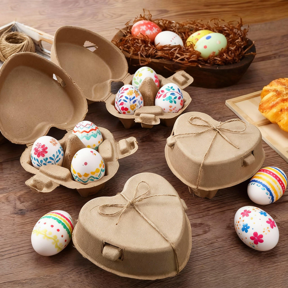 FoldTier natural paper pulp carton with jute rope for rustic display.