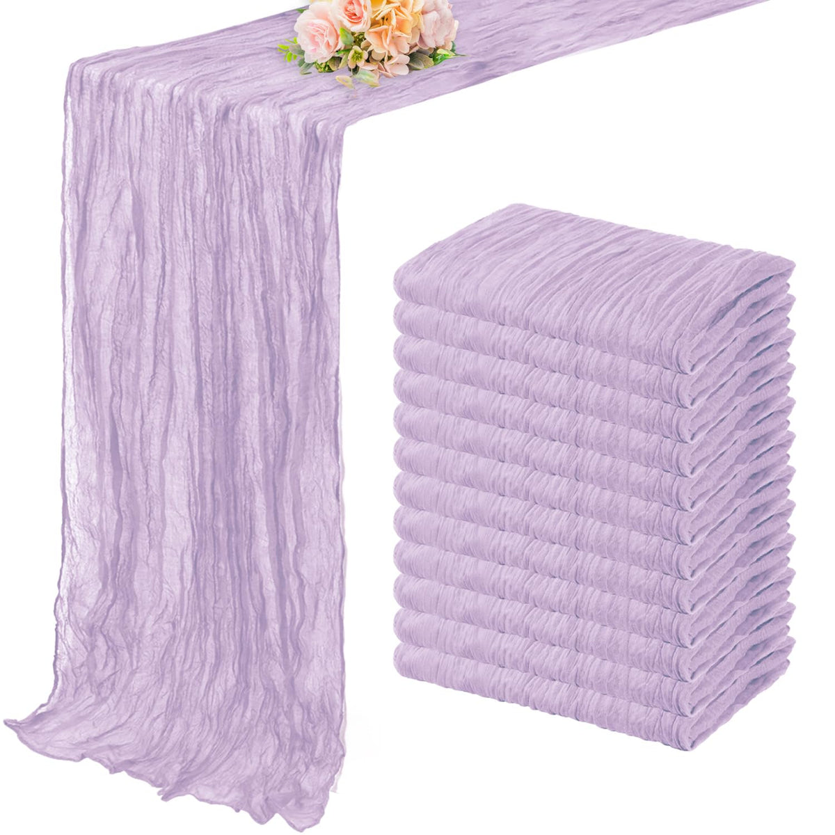 Foliafeel Lilac Cheesecloth Table Runner on a 10ft wedding table for elegant decor