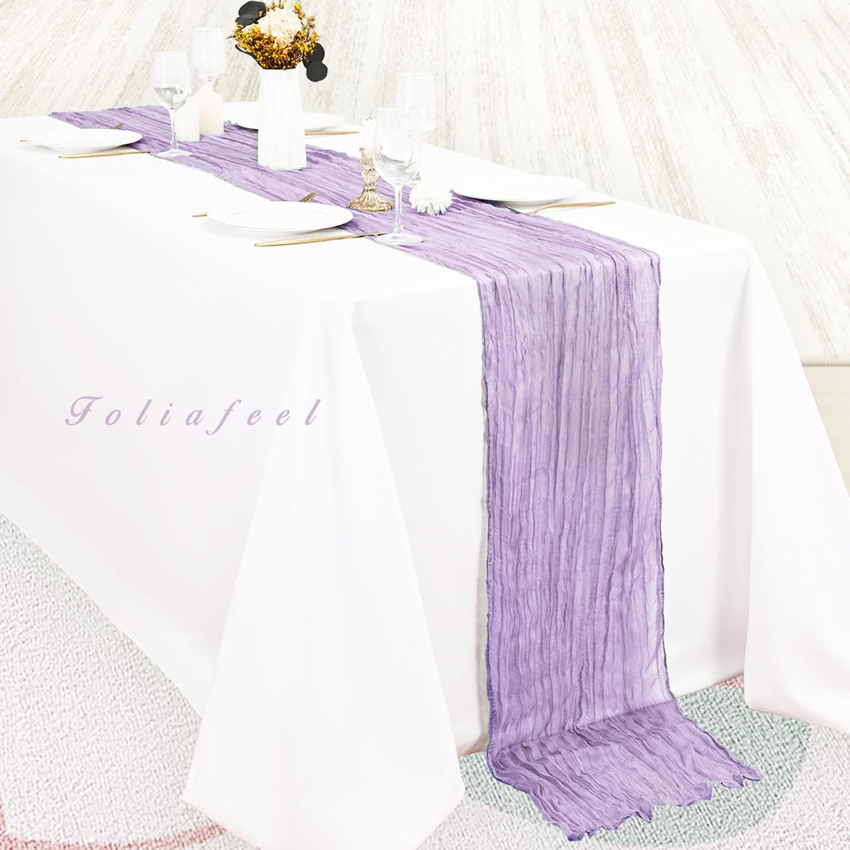 Foliafeel Lilac Cheesecloth Runner used in arch decoration backdrop
