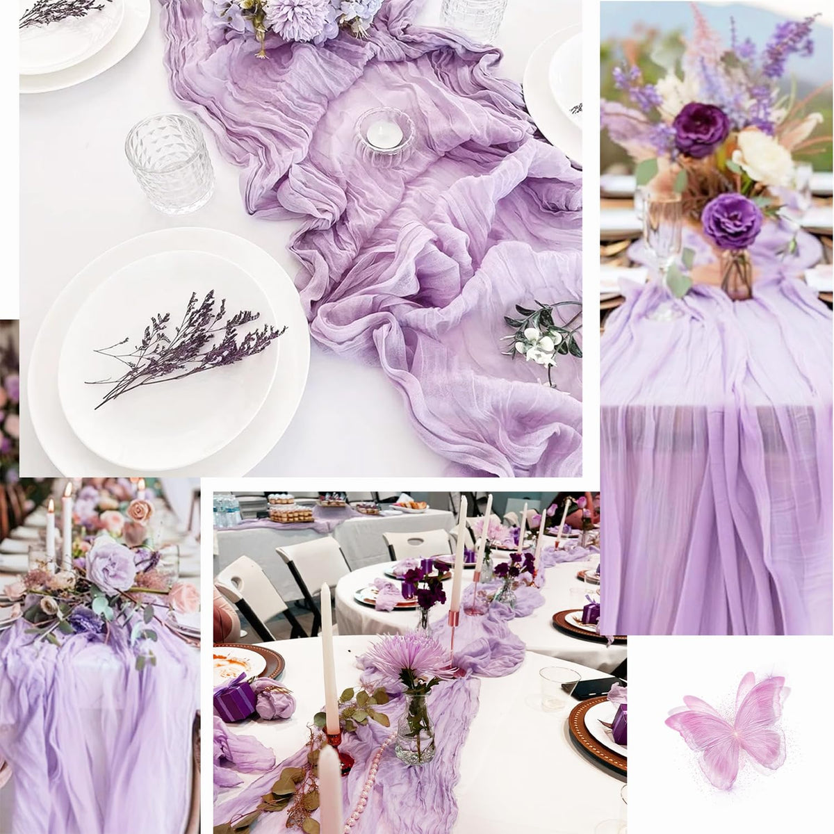 Foliafeel Lilac Cheesecloth Runner at buffet-style setup with rustic charm