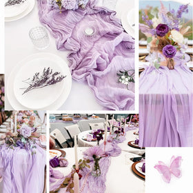 Foliafeel Lilac Cheesecloth Runner at buffet-style setup with rustic charm