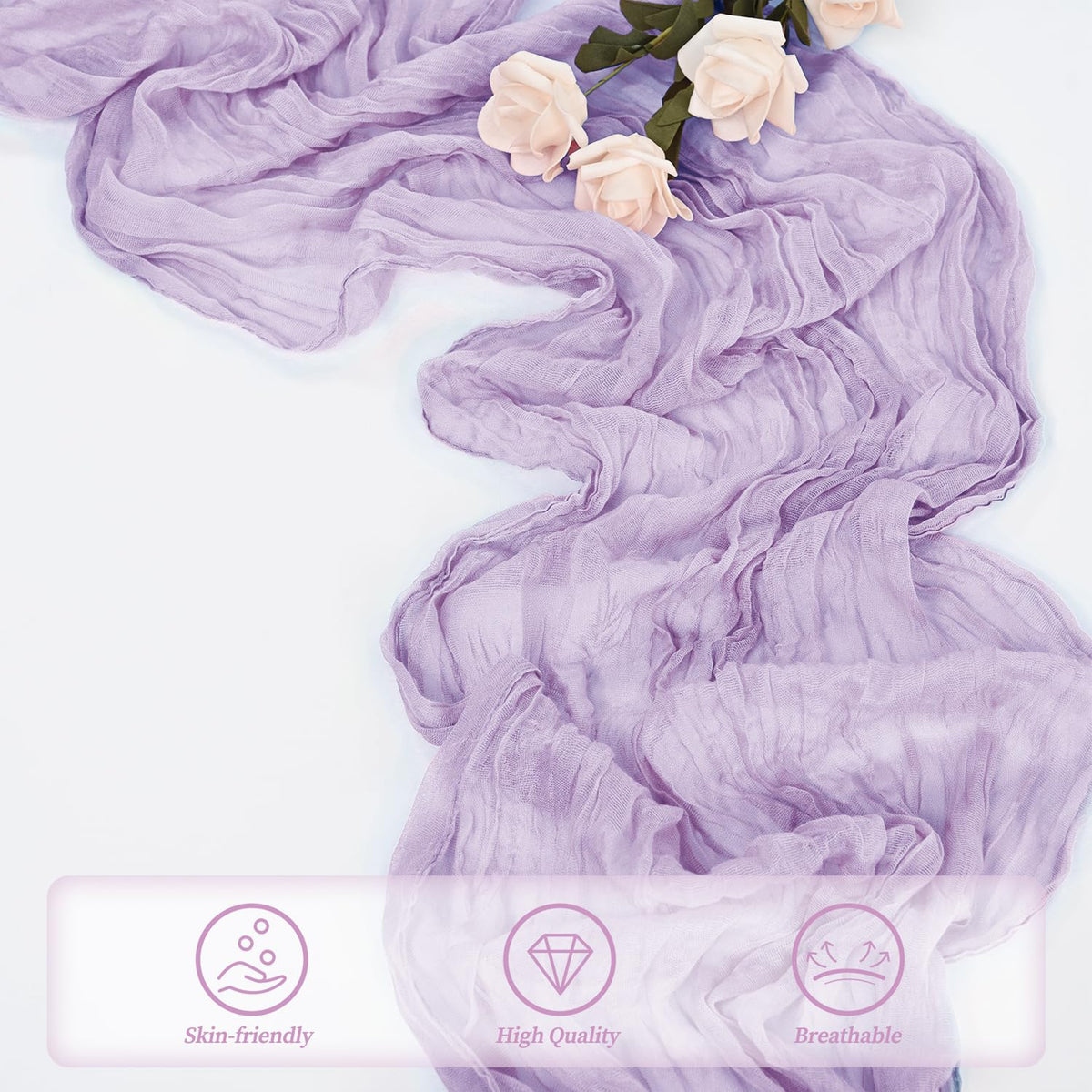 Foliafeel Lilac Cheesecloth Runner with flowers and candles for celebrations
