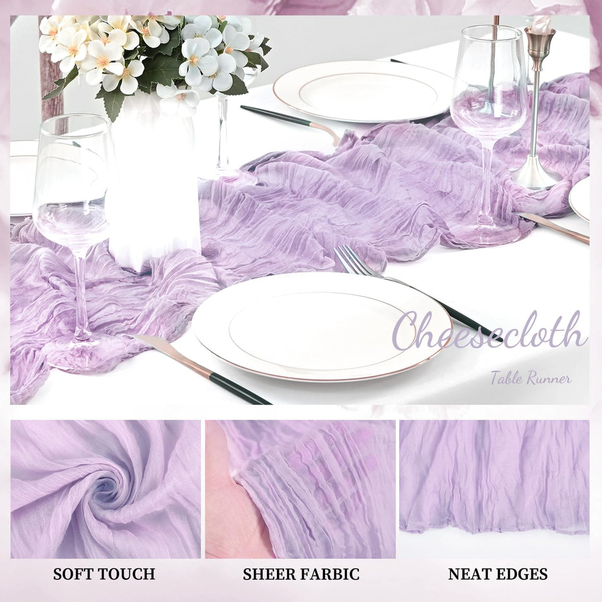 Foliafeel Lilac Cheesecloth Runner pleated drape for flowing dining look