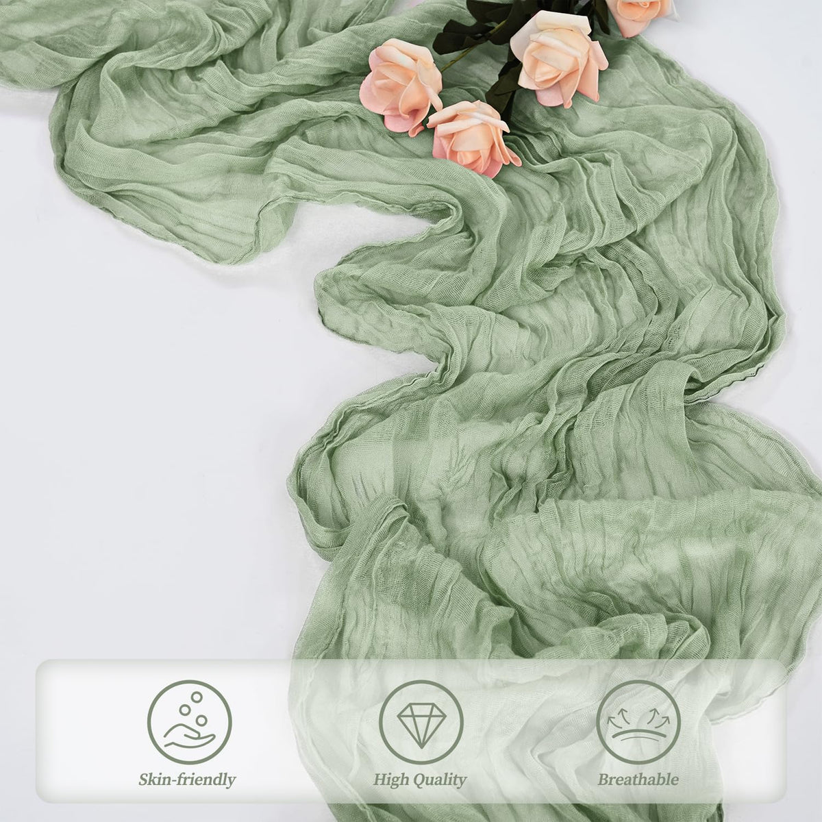 Foliafeel sage green cheesecloth table runner pairs with flowers and candles