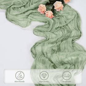 Foliafeel sage green cheesecloth table runner pairs with flowers and candles