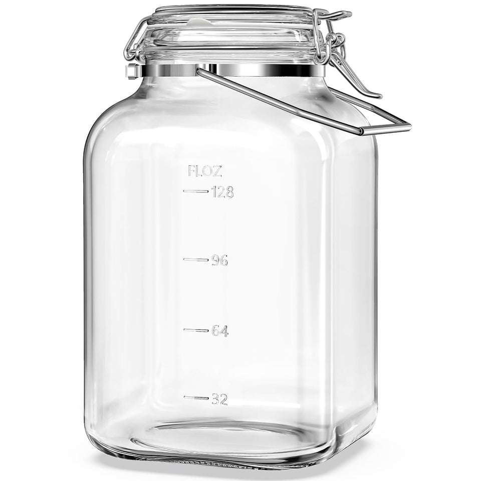 Folinstall 1.5 gallon square glass jar with clip lid keeps contents sealed and fresh.