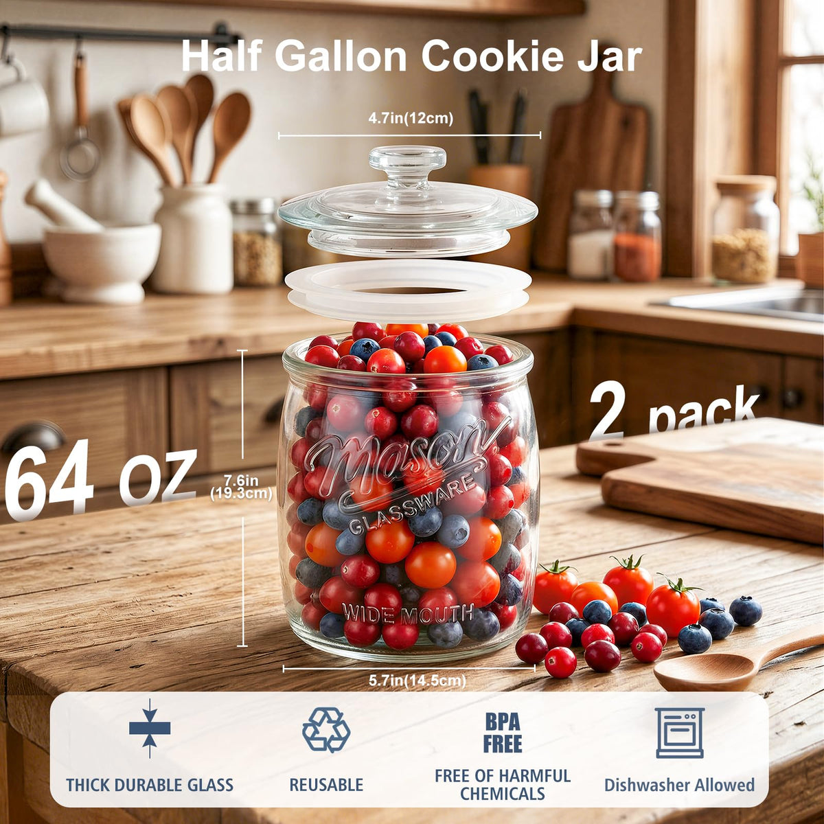 Folinstall half-gallon glass storage jar ideal for bulk ingredients and display.