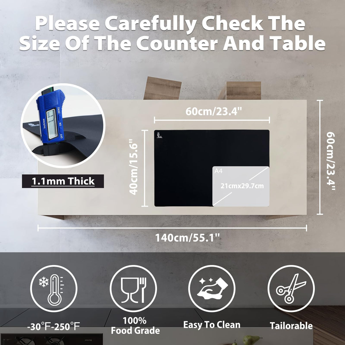 Folksy silicone counter mat large, double-thick design provides durable protection.