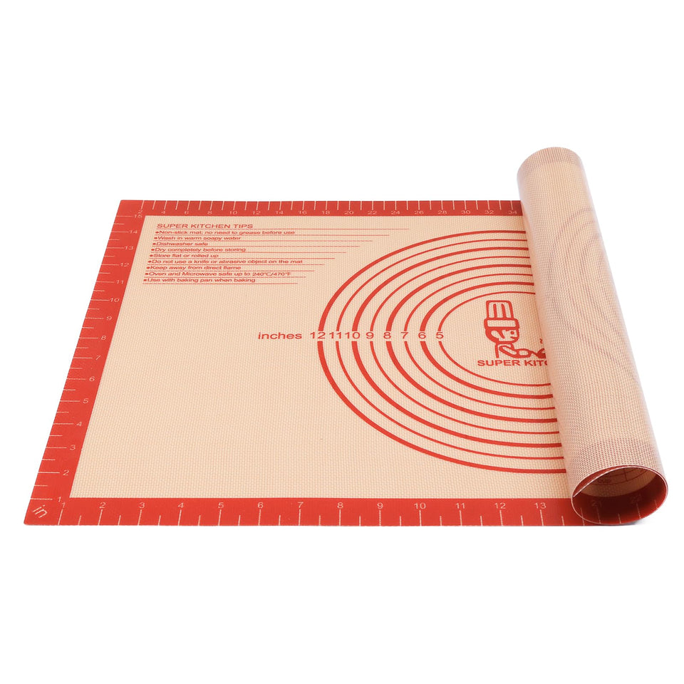 Folksy Super Kitchen pastry mat on counter with grid for precise rolling.