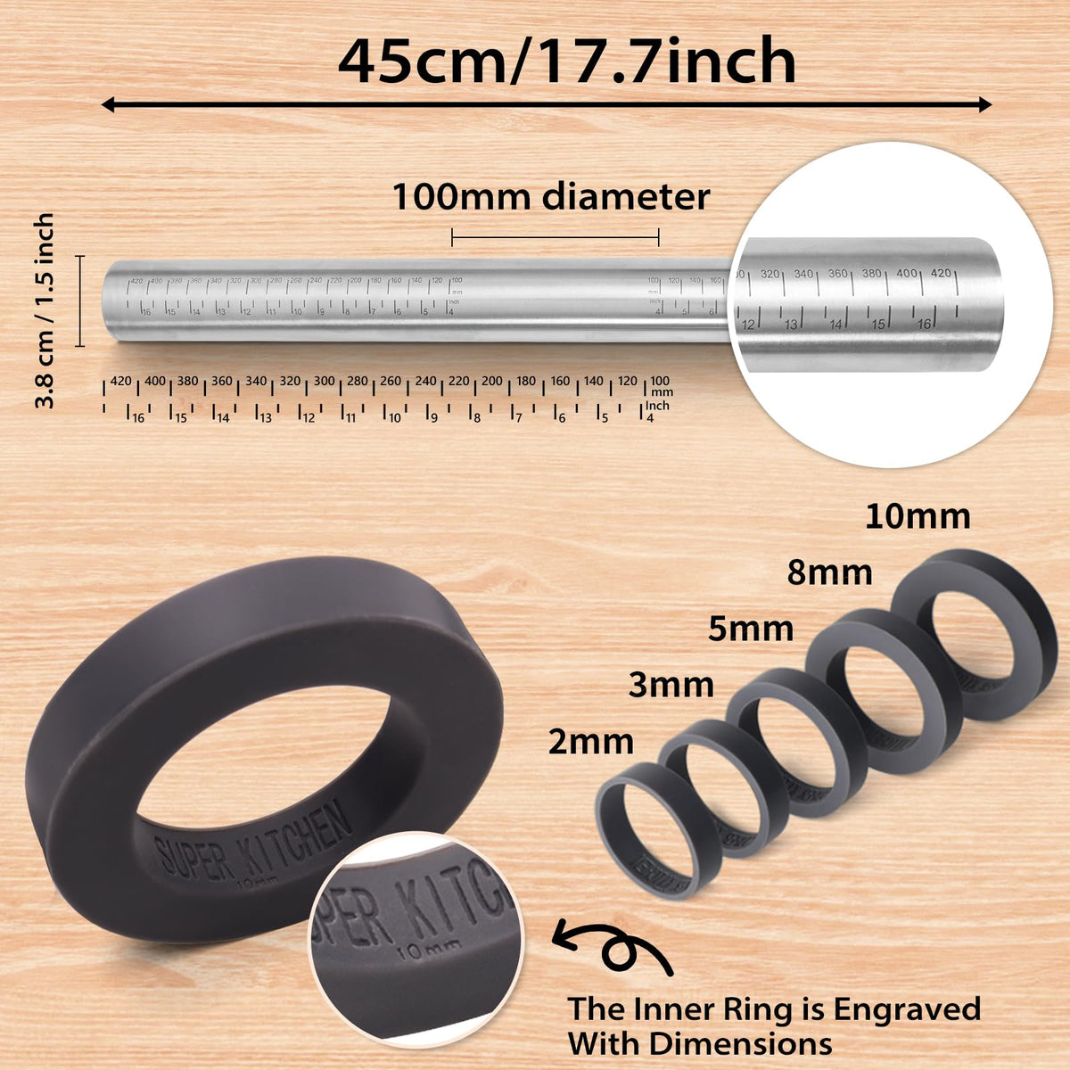 Folksy Super Kitchen rolling pin close-up with removable silicone rings