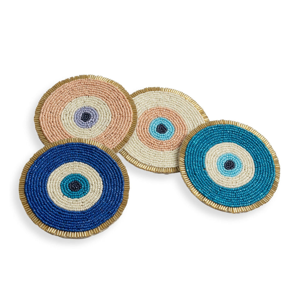 Folkulture evil eye beaded coaster with round design protects surfaces in style.