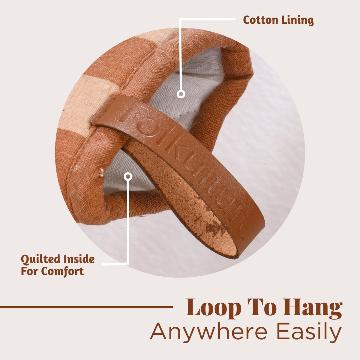 Folkulture hanging loop keeps mitts within reach on your kitchen wall.