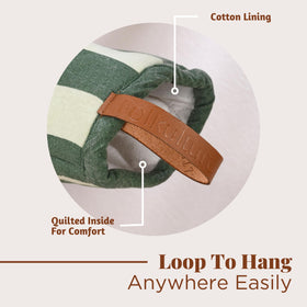 Folkulture oven mitts with hanging loop aid easy storage.