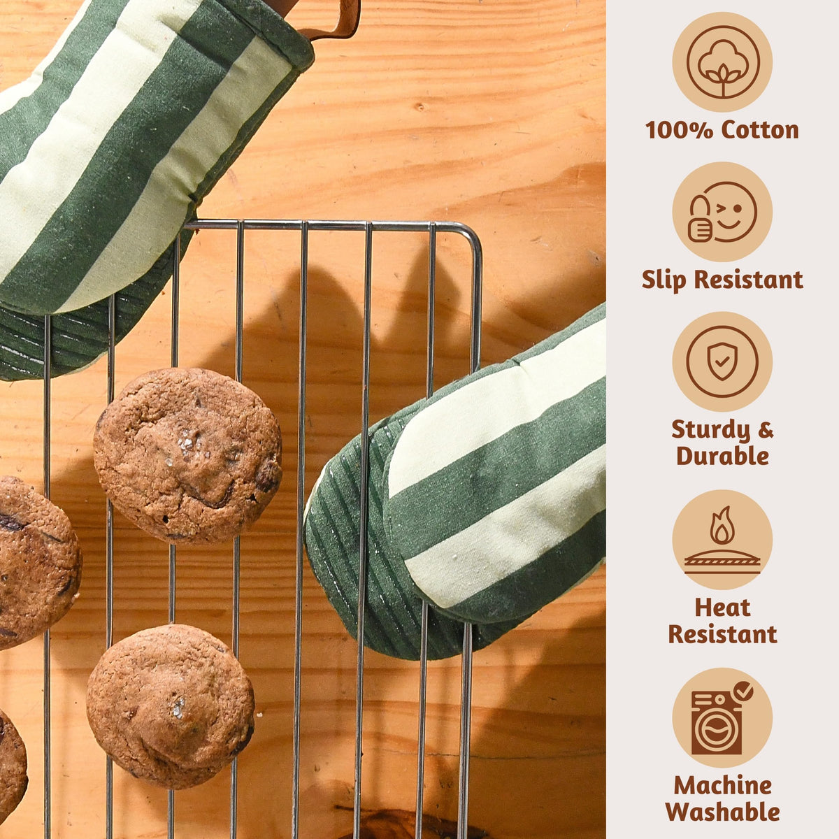 Folkulture oven mitts close-up showing cotton fabric and silicone layer.
