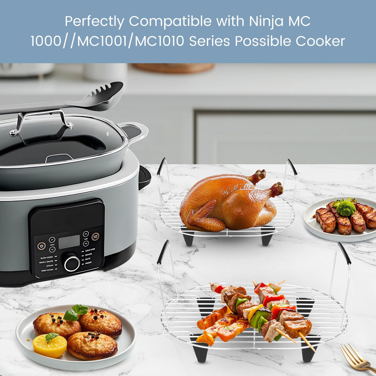 Fondpen adjustable rack handle improves lifting control during cooking.