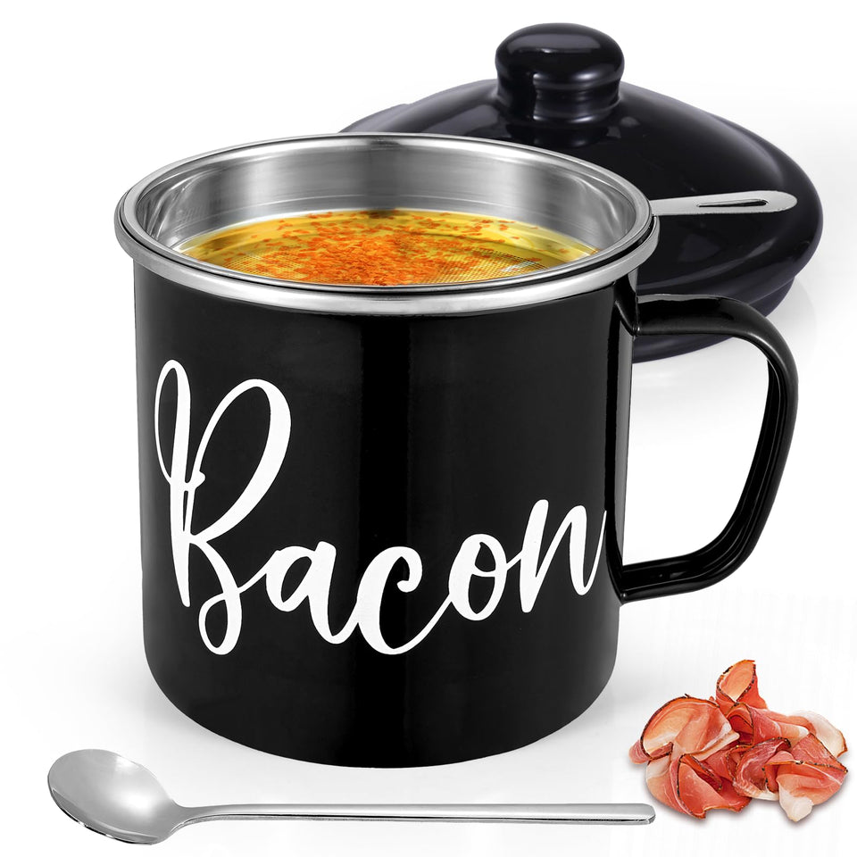 Fondpen bacon grease container front view for easy fat storage and reuse.