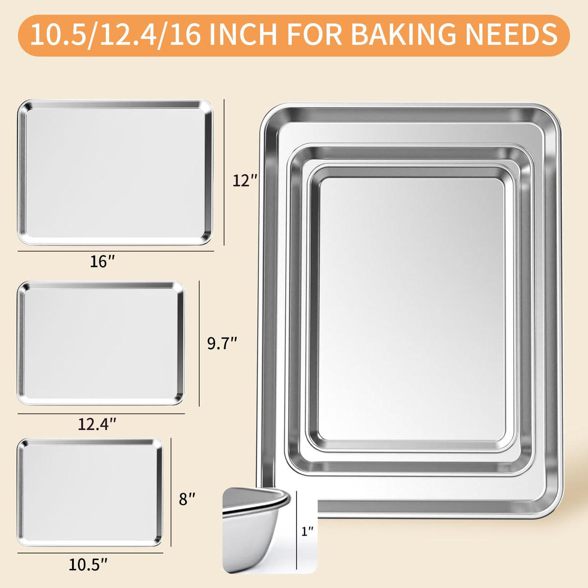 Fondpen baking sheets 12.4x9.7x1 inch top view with even heat distribution for cookies.