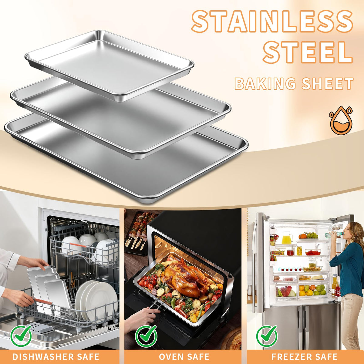 Fondpen baking sheets dishwasher-safe label highlighting convenient cleanup.