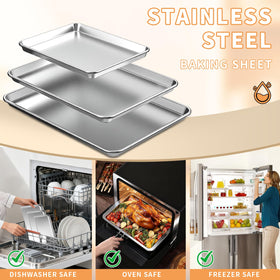 Fondpen baking sheets dishwasher-safe label highlighting convenient cleanup.