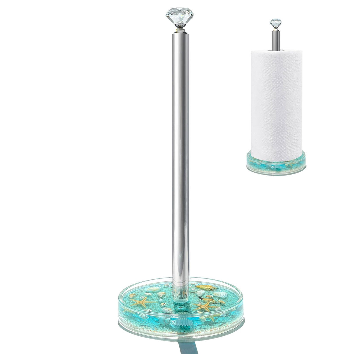 FONMY acrylic seashell blue paper towel holder keeps towels within reach on the counter.