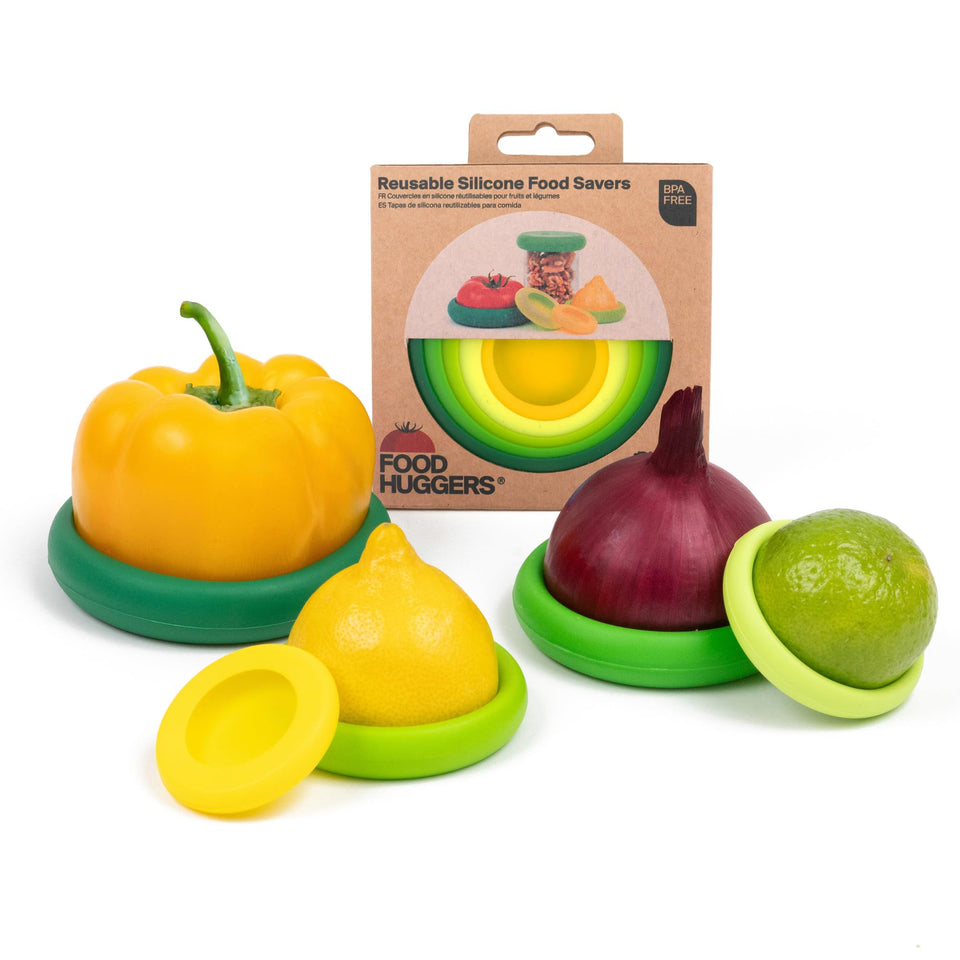 Food Huggers round silicone savers set keeps halves fresh and reduces waste.