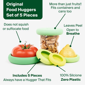 Food Huggers tomato saver silicone sleeve on sliced tomato to stay fresh