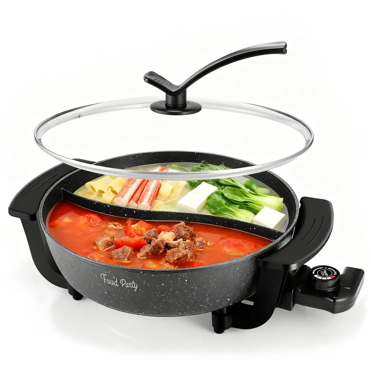 Food Party 6L hot pot with divider showing large-family capacity for shared meals.